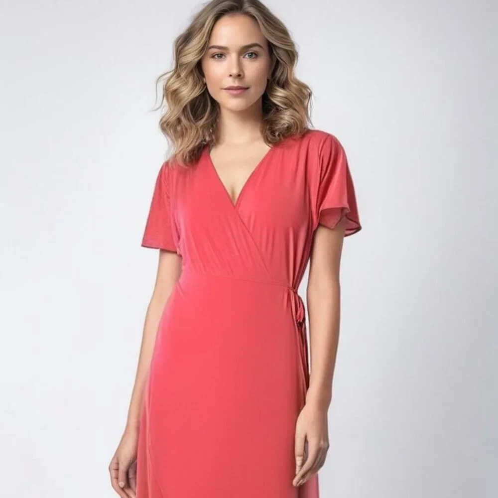 Halston Women’s Rose Pink Short Sleeve V-Neck Wrap Maxi Dress Size Small‎